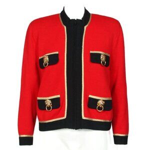 ST. JOHN Red Black Zip Gold Tiger Lion Knocker Zip Santana Knit Jacket sz 8 /106
